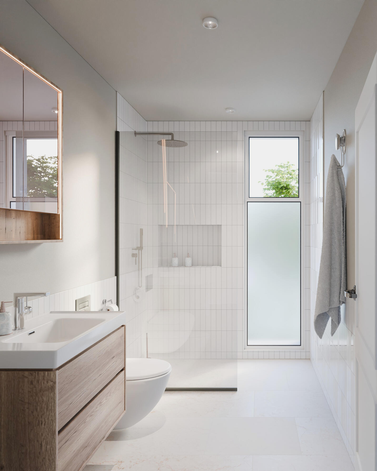 Randare baie cu cadă freestanding — tavane din lemn, robinete negre mate, plante
