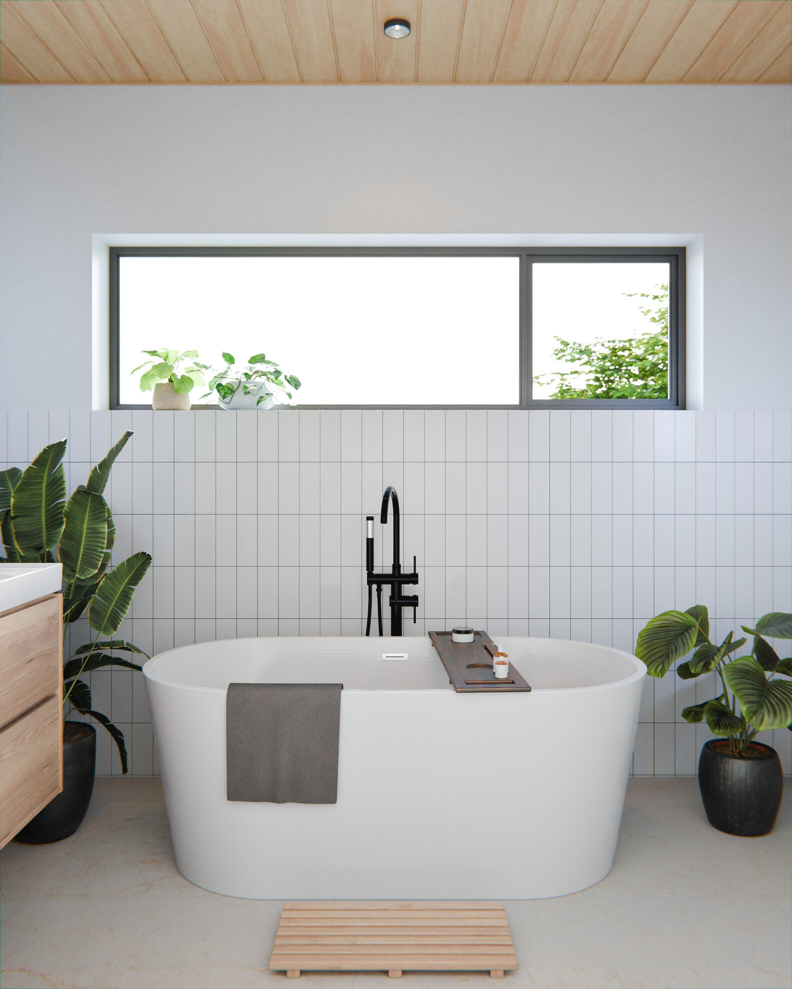 Randare baie cu cadă freestanding — tavane din lemn, robinete negre mate, plante