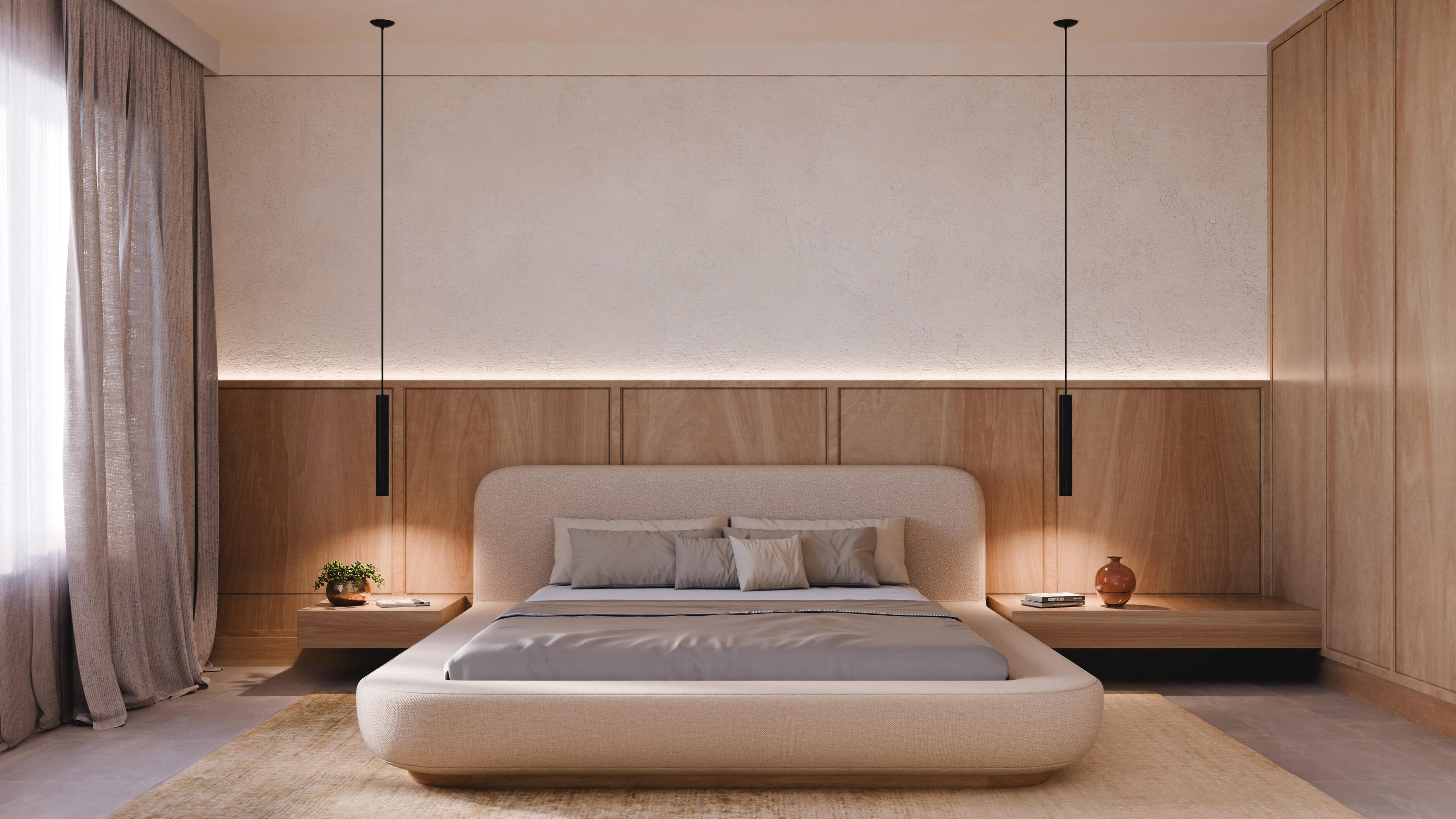 Randare dormitor minimalist — panou de lemn cu iluminat indirect, pat rotunjit